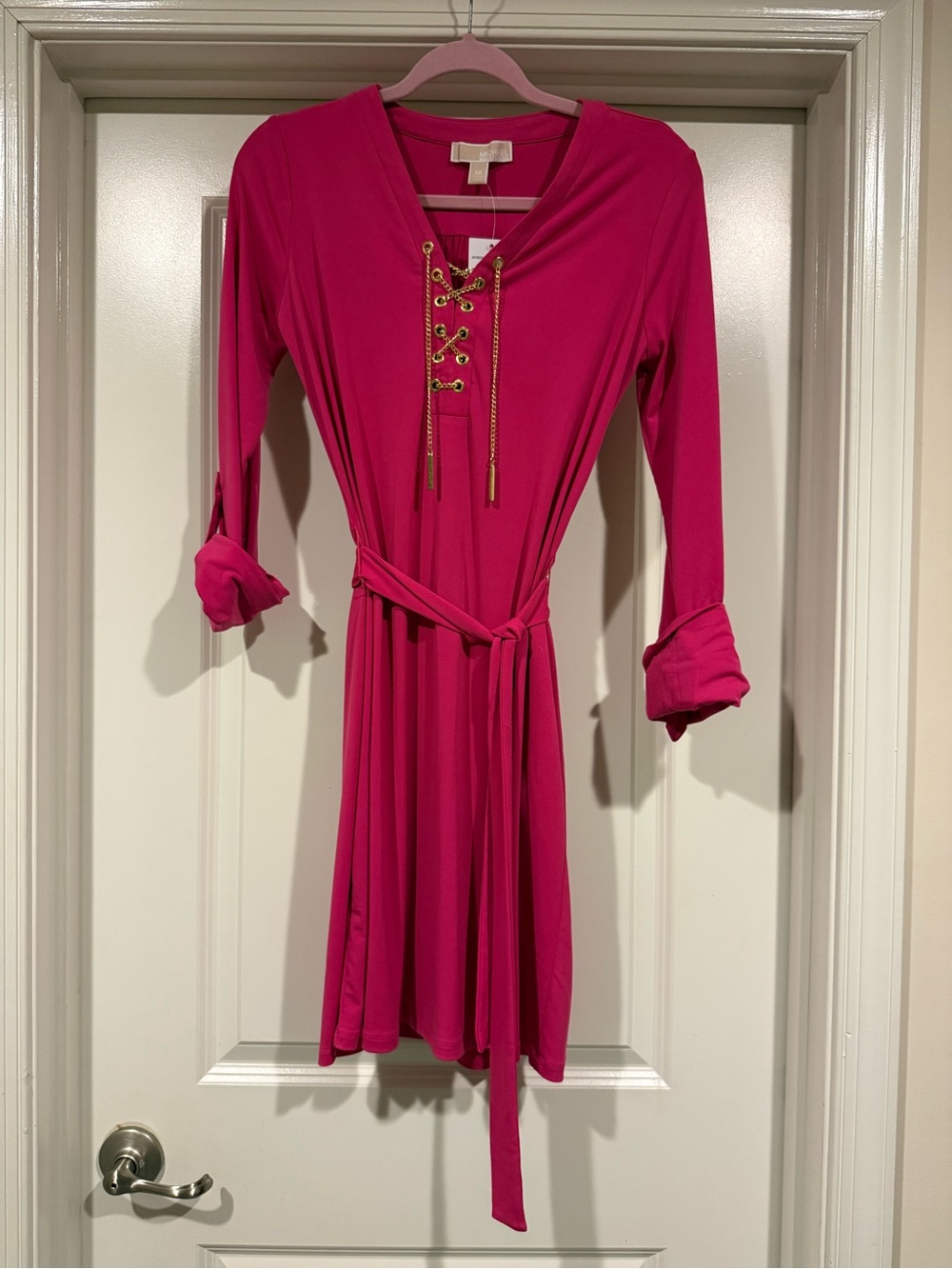 Michael Kors Hot Pink Lace-Up Belted Long Sleeve Dress